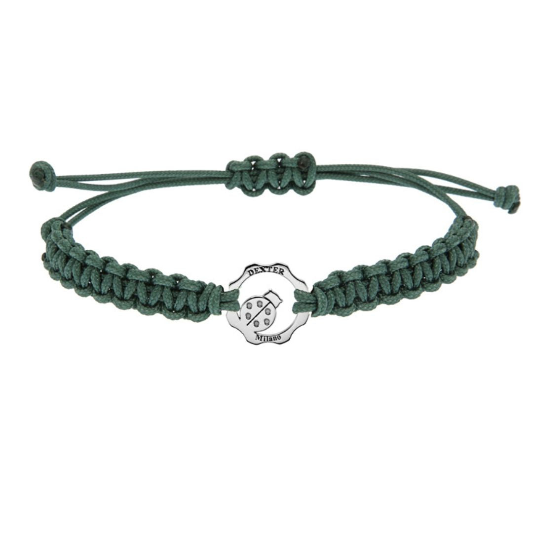 Bracciale coccinella argento e filo nautico verde salvia
