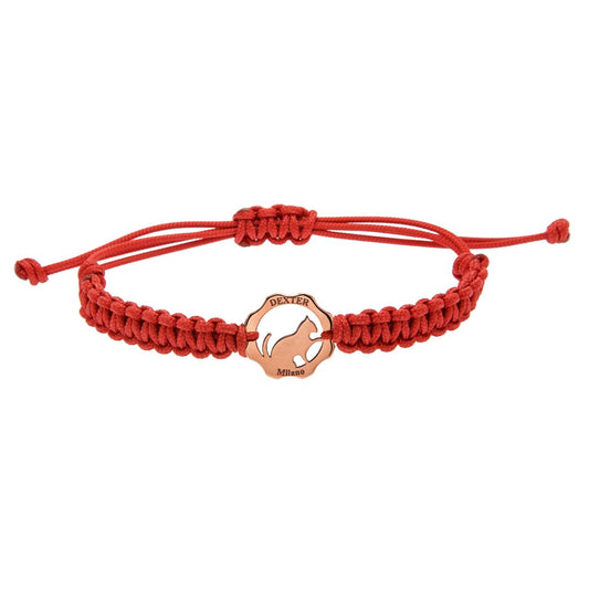 Bracciale oro rosa sagoma del gatto e filo nautico rosso