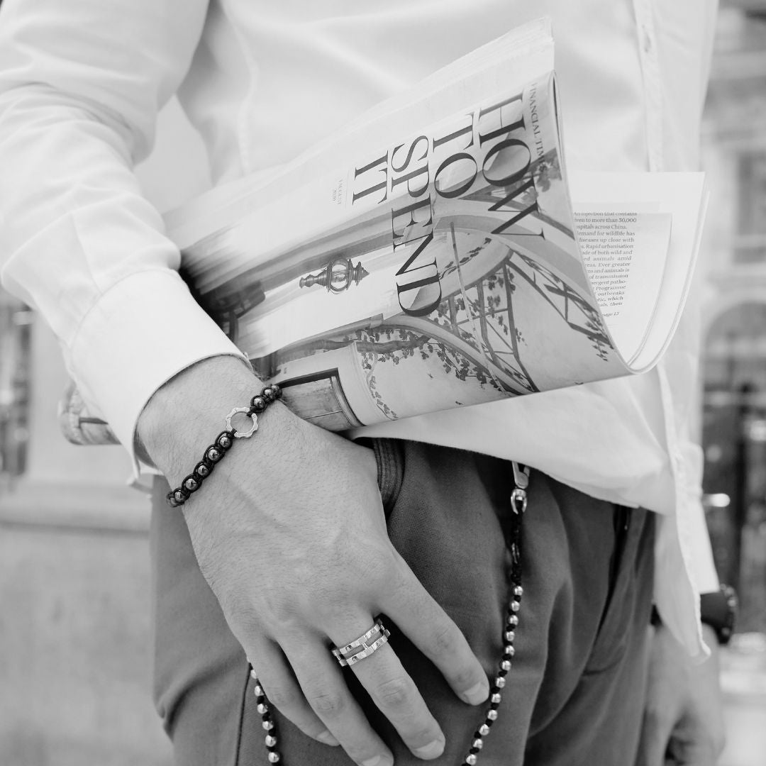 Bracciale con pietra di occhio di tigre e mini ingranaggio argento al platino
