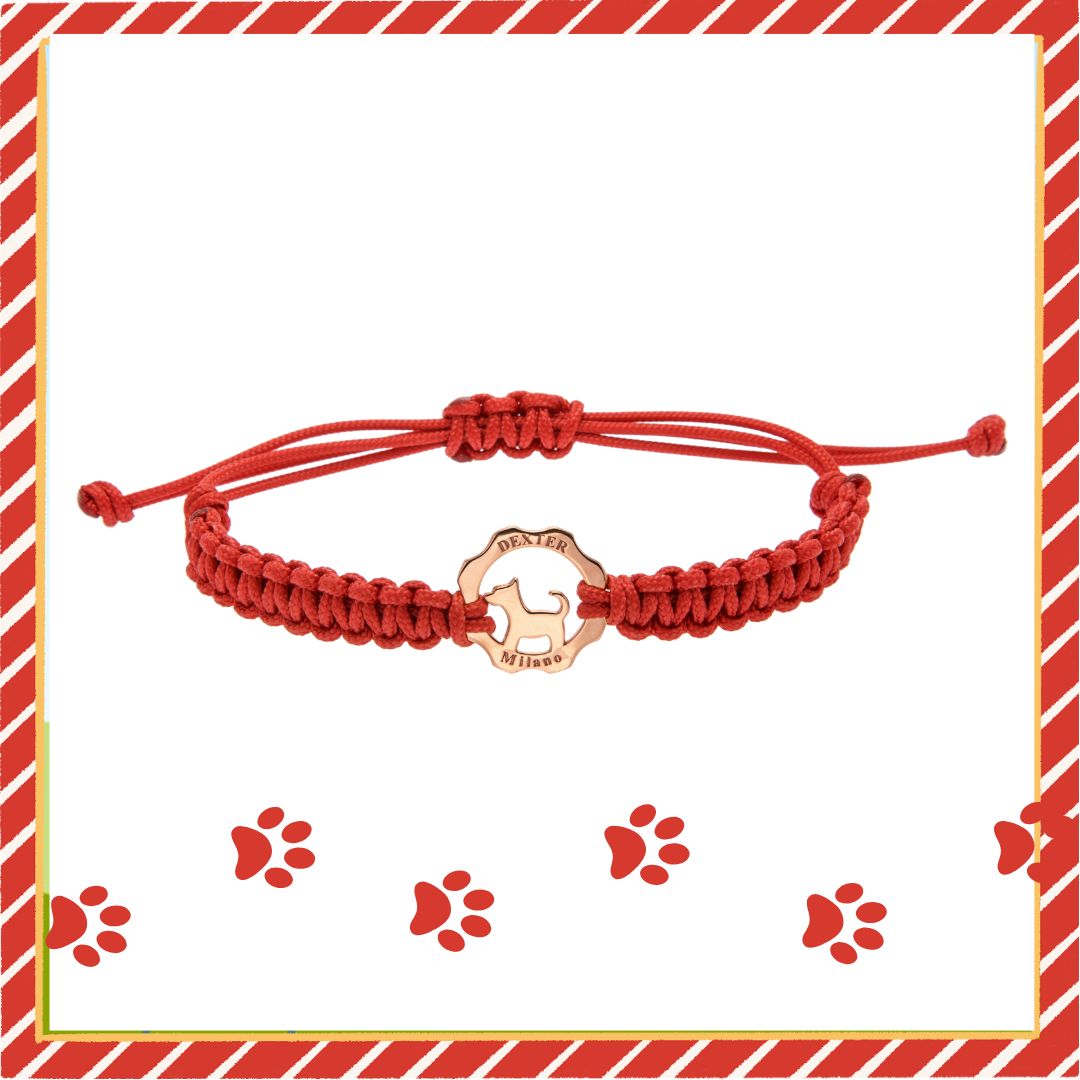 Bracciale oro rosa sagoma del cane e filo nautico rosso