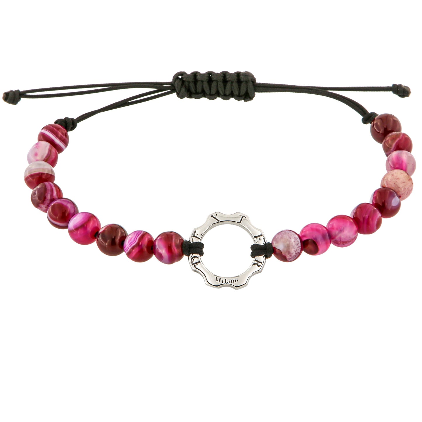 Bracciale con pietra di agata striata fuxia e mini ingranaggio argento al platino