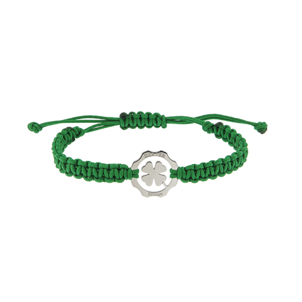 Bracciale fortuna quadrifoglio argento al platino e filo nautico verde