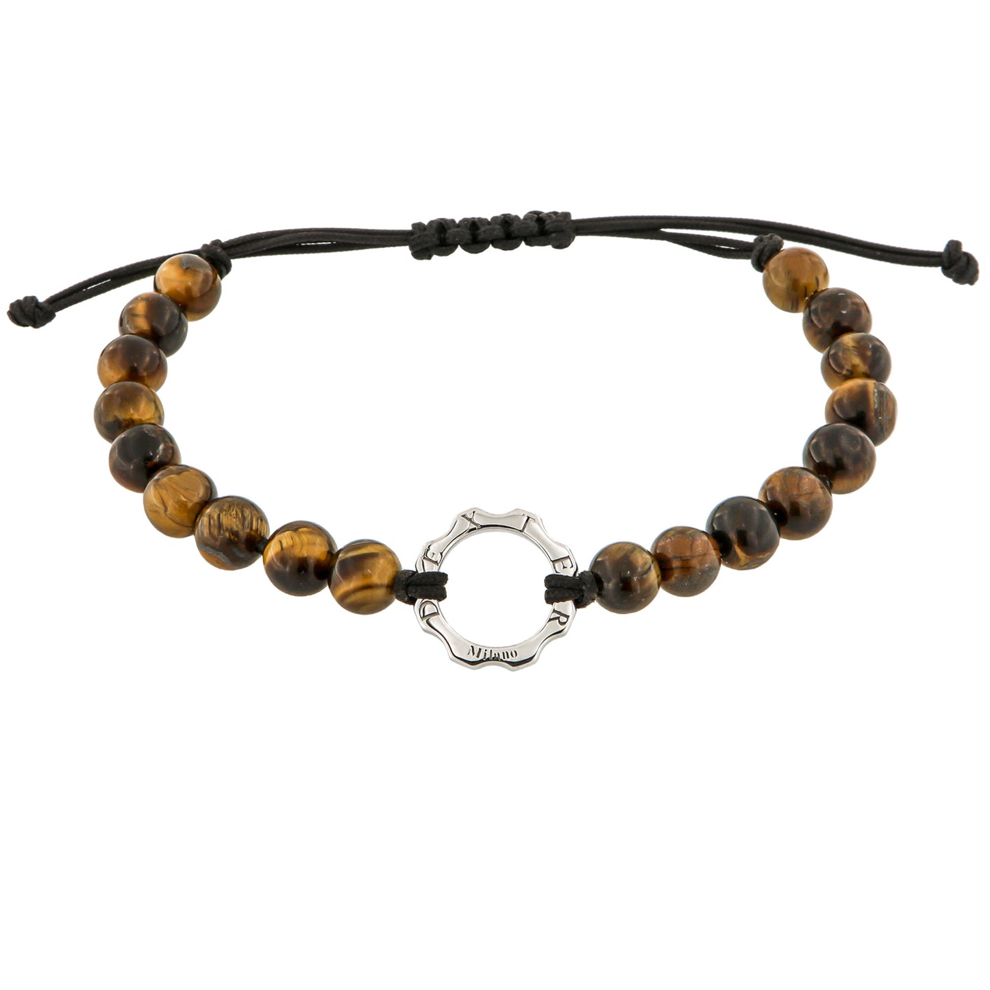 Bracciale con pietra di occhio di tigre e mini ingranaggio argento al platino