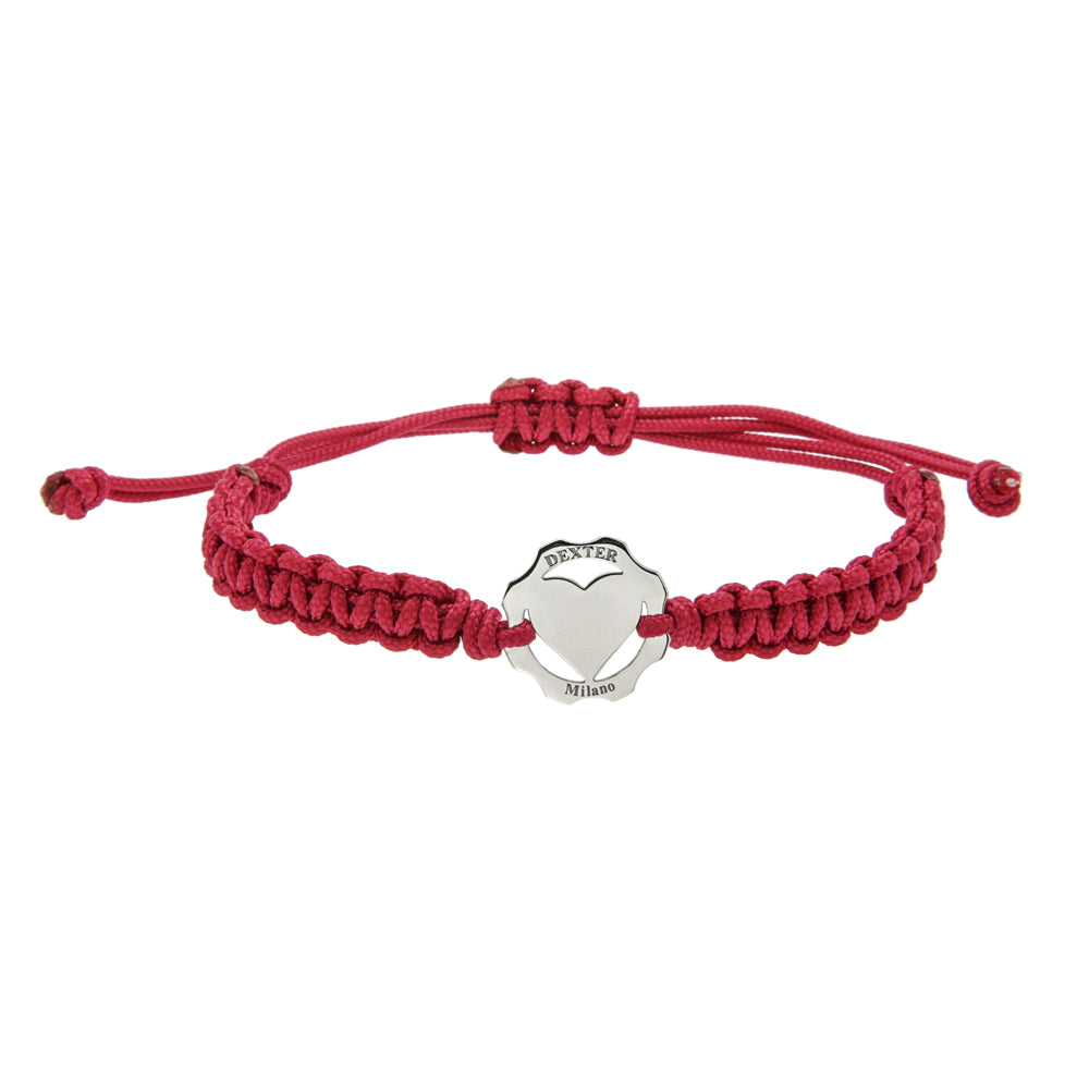 Bracciale simbolo amore con cuore argento e filo nautico fuxia