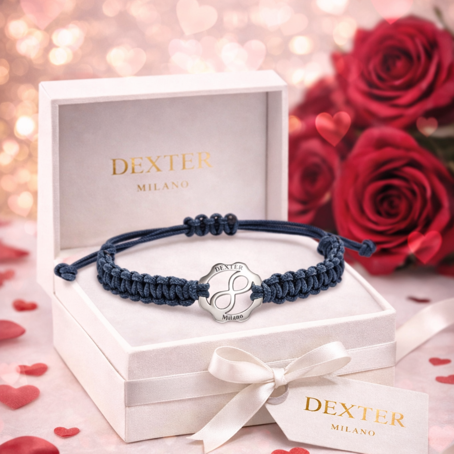 Bracciale amore infinito argento al platino e filo nautico blu petrolio