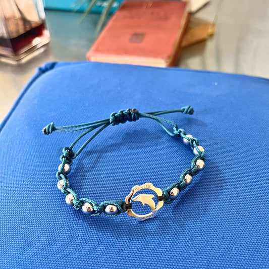 Bracciale simbolo delfino filo blu jeans e pietre ematite