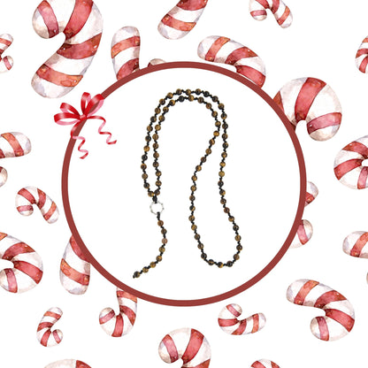 Collana rosario pietre naturali e mini ingranaggio in argento al platino